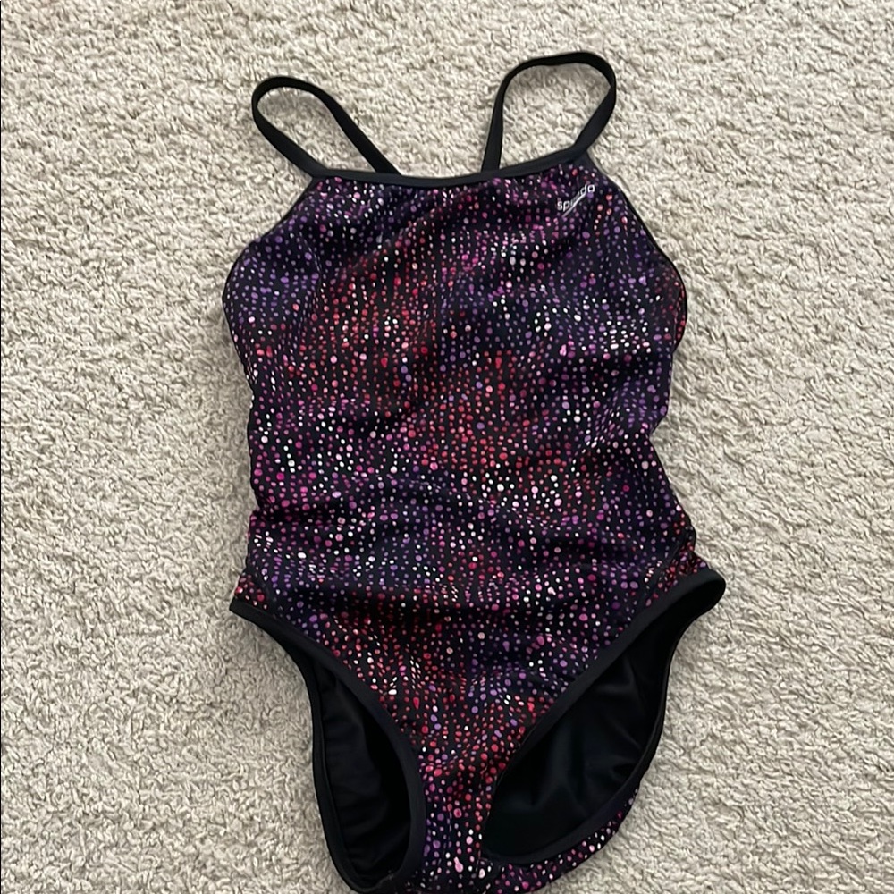 Speedo two way Black and Purple polka dot one piece swim suit.